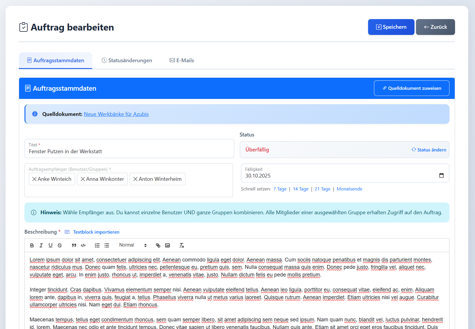 Auftragsdetails und Empfänger